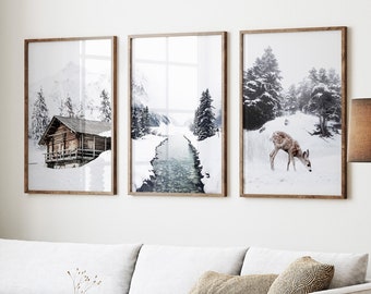 Set of 3 Framed Christmas Prints with Bambi Deer, Frozen River and Snowy Chalet. Snowy Pine Forest Landscape Giclee Prints in Wooden Frames