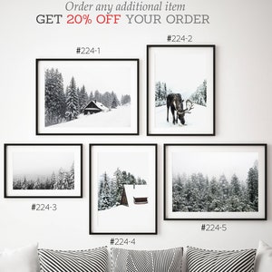 Winter Nature Scene with Moose in 5 Piece Gallery Wall Art Decor. Scandinavian Christmas Print Set with Snowy Nordic Trees