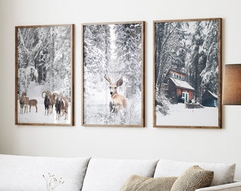 Christmas in Forest Framed Set of 3, Snowy Landscape with Rams, Deer and Old Barn, Winter Forest Prints with Wild Animals for Winter Décor