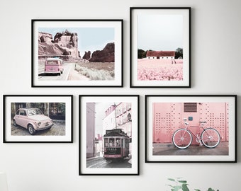 Conjunto rosa de 5, fotografía de viajes, puente Golden Gate en rosa, prado rosa, paisaje de Toscana, Fiat 500 vintage, bicicleta rosa, tranvía Furla