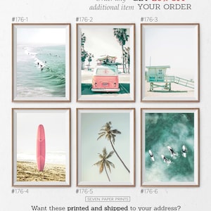 Coastal Wall Art Set of 6 Prints with Pink Surfboard, Retro Van, Pastel Lifeguard. Summer California Beach Palm Photo. Tropical Ocean Poster