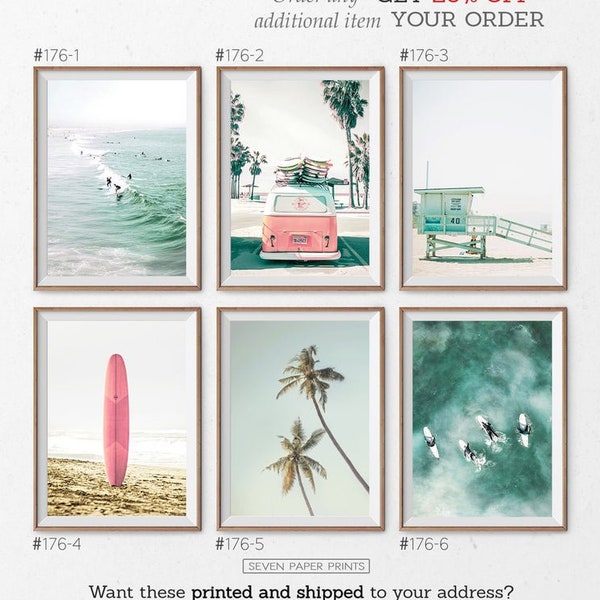 Coastal Wall Art Set of 6 Prints with Pink Surfboard, Retro Van, Pastel Lifeguard. Summer California Beach Palm Photo. Tropical Ocean Poster