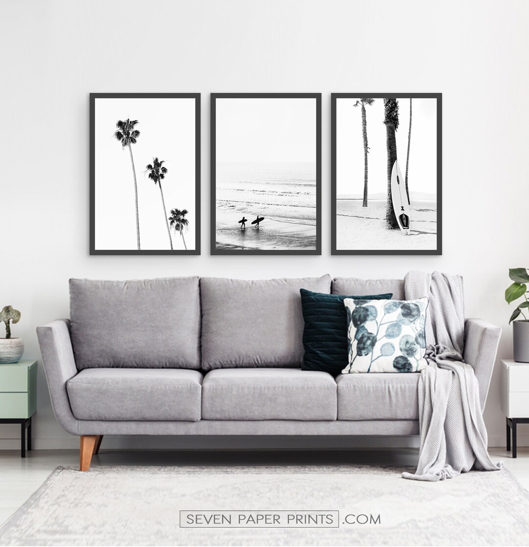 Framed Beach Wall Art Set of 3 Prints, Framed Black and White Beach