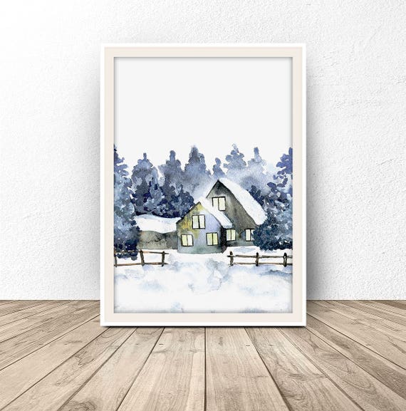 Farmhouse Wall Decor, Forest Farm, Winter Wonderland, Watercolor Forest Home, Watercolor Landscape, Winter Forest Print, Snow, Nursery Decor