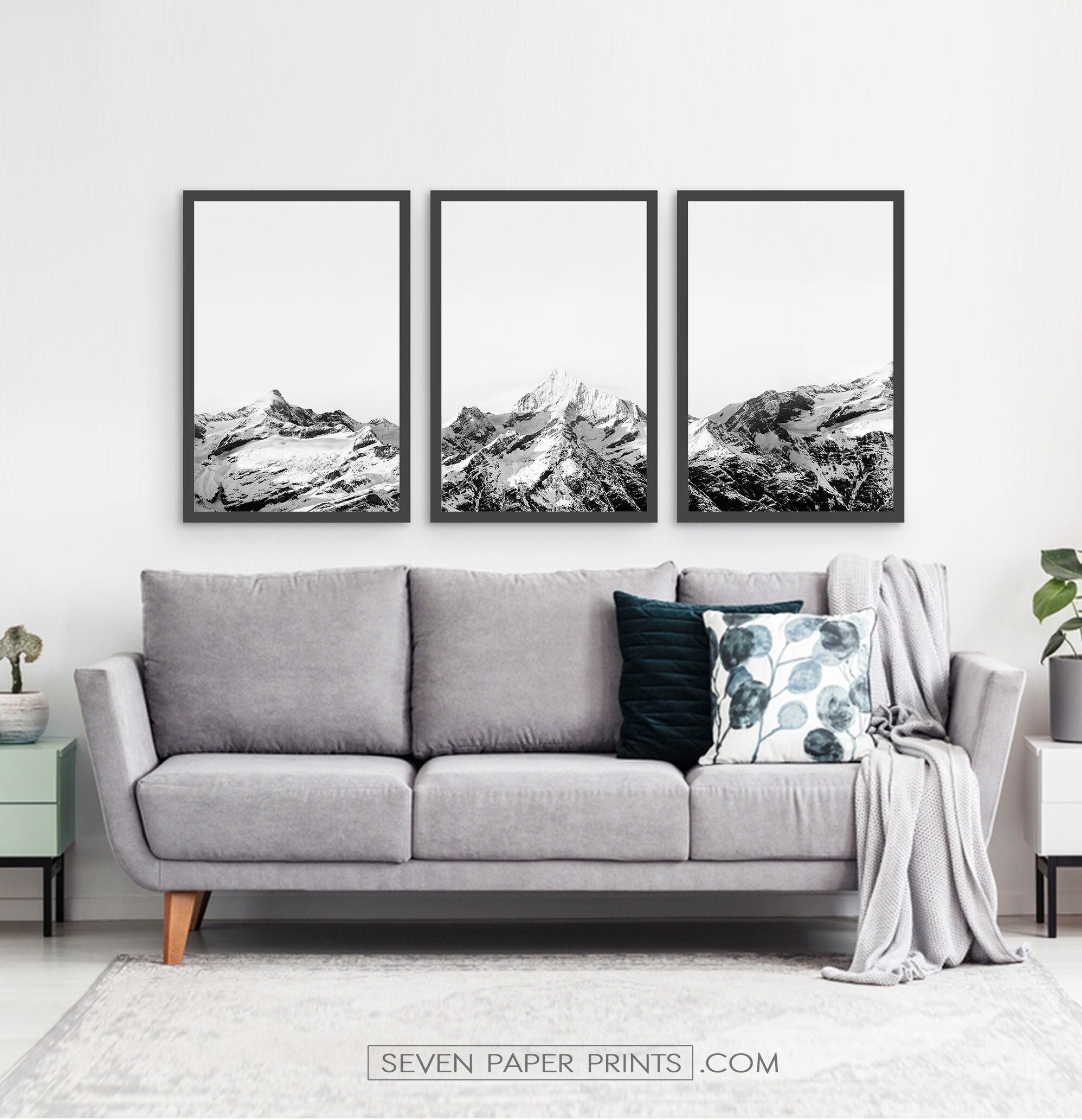 Large Framed Giclee Glacier Forest Print Set of 3, Framed Set of 3 Black and White Mountain Wall Art, Scandinavian Cloud Fog Wall Art Set