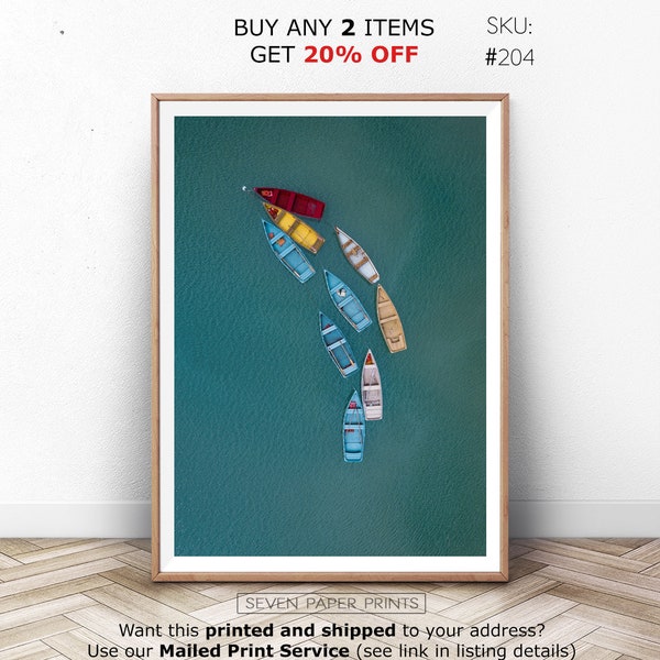 Canoe Wall Art, Sea Boats Print, Digital Ocean Coastal, Blue Beach, Modern Travel Photo, Colorful Poster, Sorrento Photography, Amalfi Coast