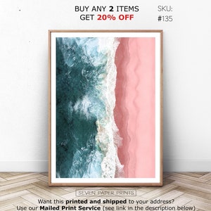 Impresión de olas turquesas, póster fotográfico de playa, fotografía del océano, arte de la pared de la playa rosa, impresión fotográfica costera, descarga instantánea, decoración de la playa del océano