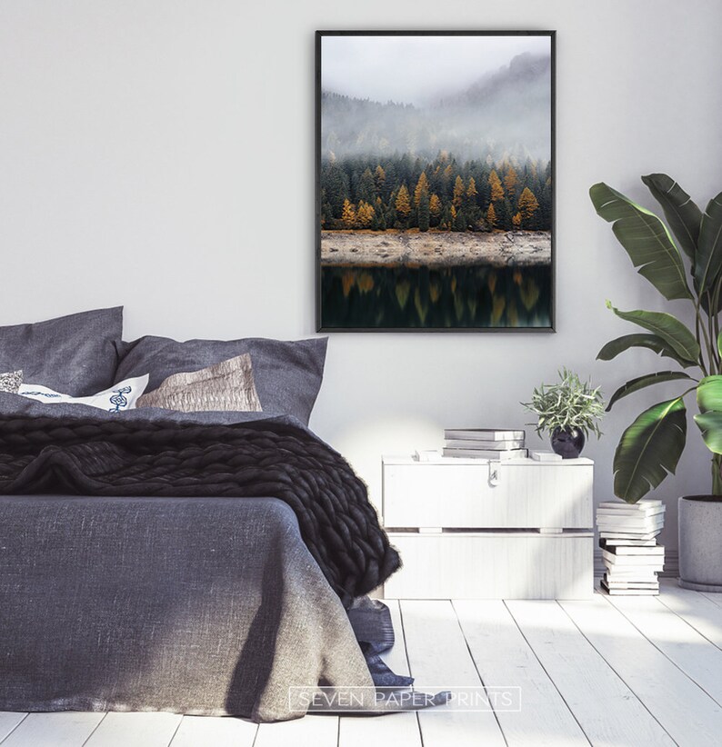 Fall Forest Wall Art Nordic Mountain in Fog Print Yellow Etsy