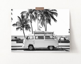 Retro Combi Van, Coastal Surf Print, Black and White Car Poster,Tropical Wall Decor, Car with Surfboards, Camper Bus Print, Coastal Poster