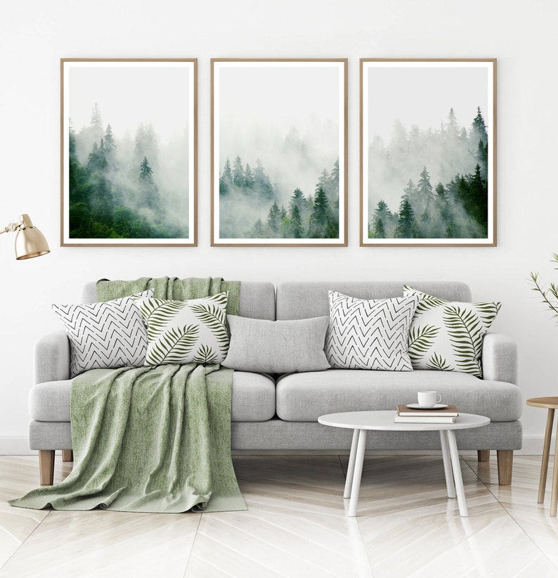 Conjunto de 3 impresiones de bosque brumoso Arte de pared brumoso. Cartel digital nórdico. Imagen de árbol imprimible con foto de abeto escandinavo verde imagen 2