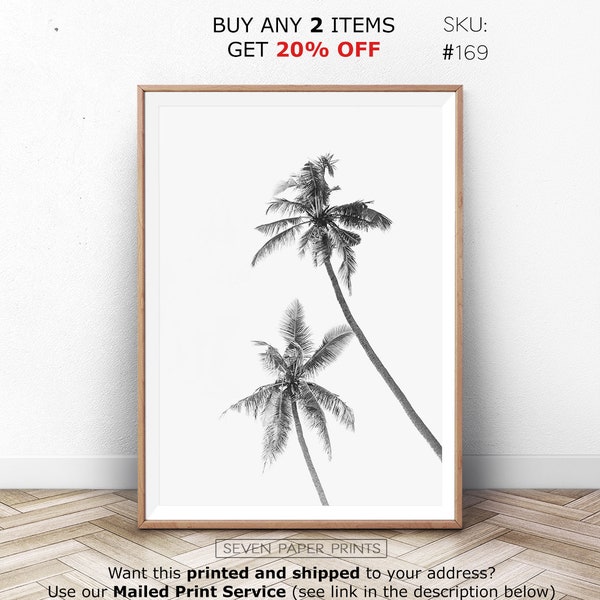 Black and White Palm Tree Wall Art Print. Download Tropical Minimalist Photography Poster. BW Leaves Printable Wall Decor