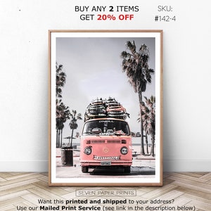 Retro Bus Art Print, Beach Pink Combi Van Wall Art, California Coastal Photo Poster with Surfboards and Tropical Palms. Printable Gift