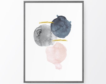 Arte moderno de la pared abstracta de la acuarela. Gris Blush Rosa y Azul Marino con Pintura Dorada Trazos Impresión