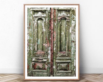 Grunge Decor, Vintage door print, Retro building photography, Old architecture, Printable wall art, Green door, Peeling paint