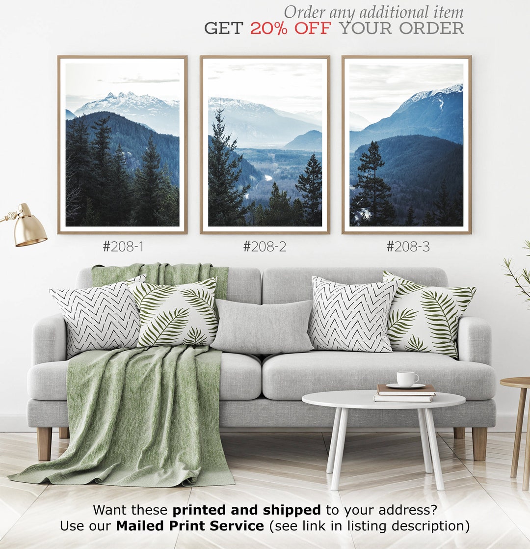 Blue Forest Set of 3 Wall Art. Digital Nordic Landscape Print. Navy ...