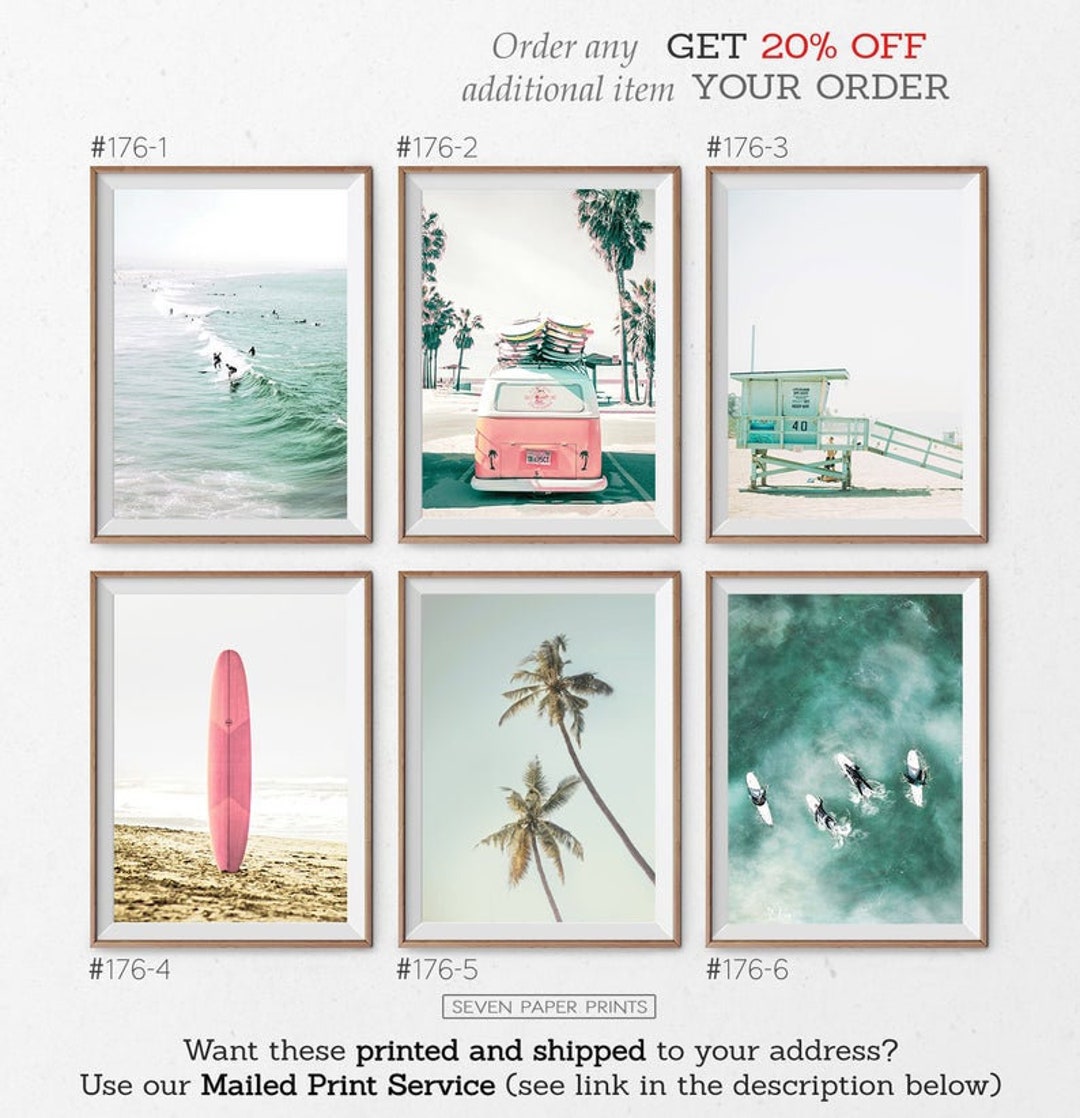 Coastal Wall Art Set of 6 Prints With Pink Surfboard Retro 