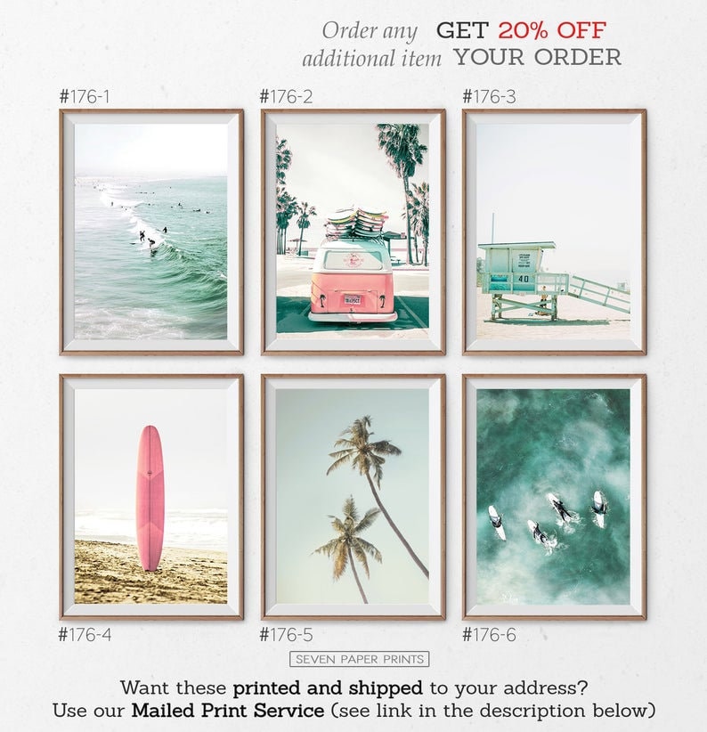 Coastal Wall Art Set of 6 Prints with Pink Surfboard, Retro Van, Pastel Lifeguard. Summer California Beach Palm Photo. Tropical Ocean Poster 