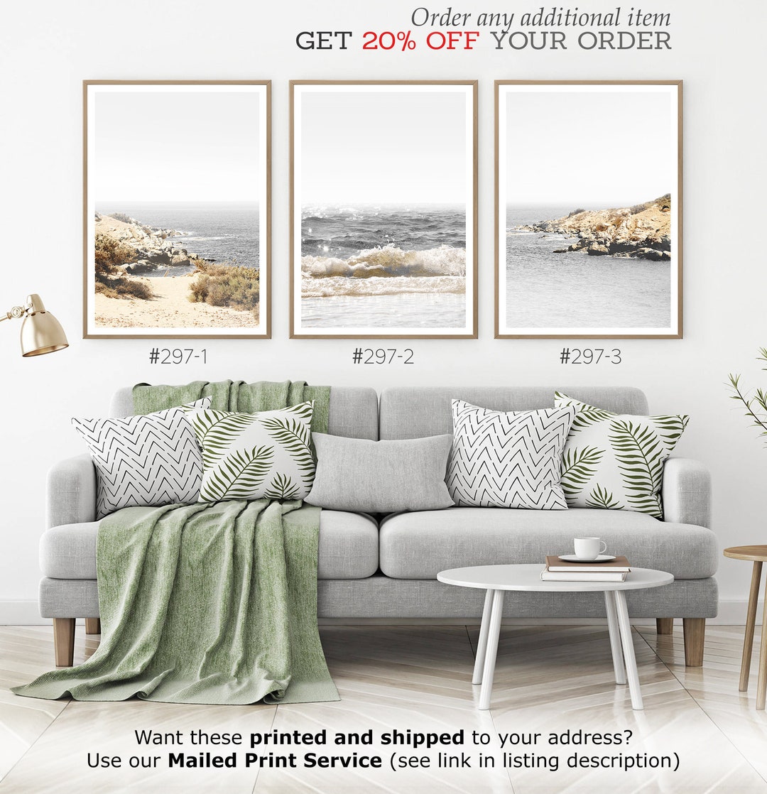 Coastal Wall Art Set of 3, Beach Cliff Print, Modern Ocean Wave Photo ...