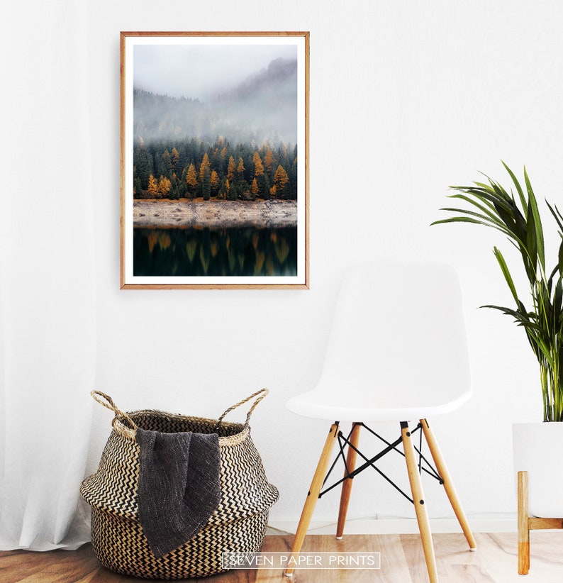 Fall Forest Wall Art Nordic Mountain in Fog Print Yellow Etsy