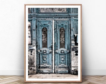 Blue vintage door print, Street art, Autumn photography, Grunge decor, Blue and Gray, Aged photo, Old building print, Printable retro decor