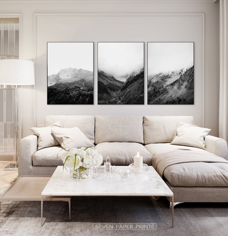Black White Mountain Landscape Set of 3 Wall Art. Nordic | Etsy