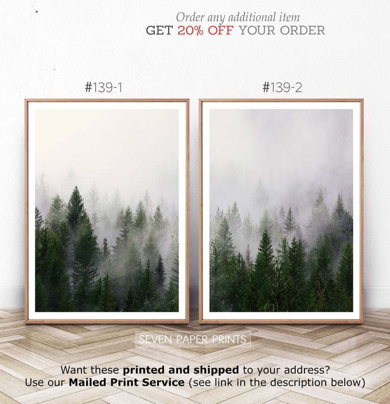 Forest Print Nature Wall Art. Foggy Autumn Poster Set. Green Grey Pine Trees 2 Piece Printable Photography 