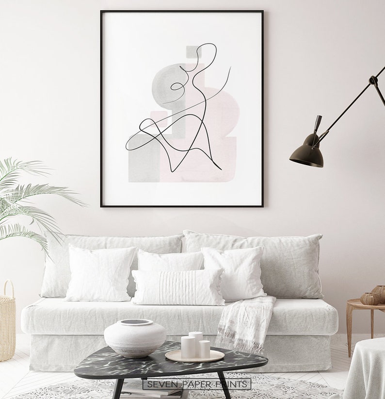 One Line Abstract Wall Art. Neutral Gray and Pink Color