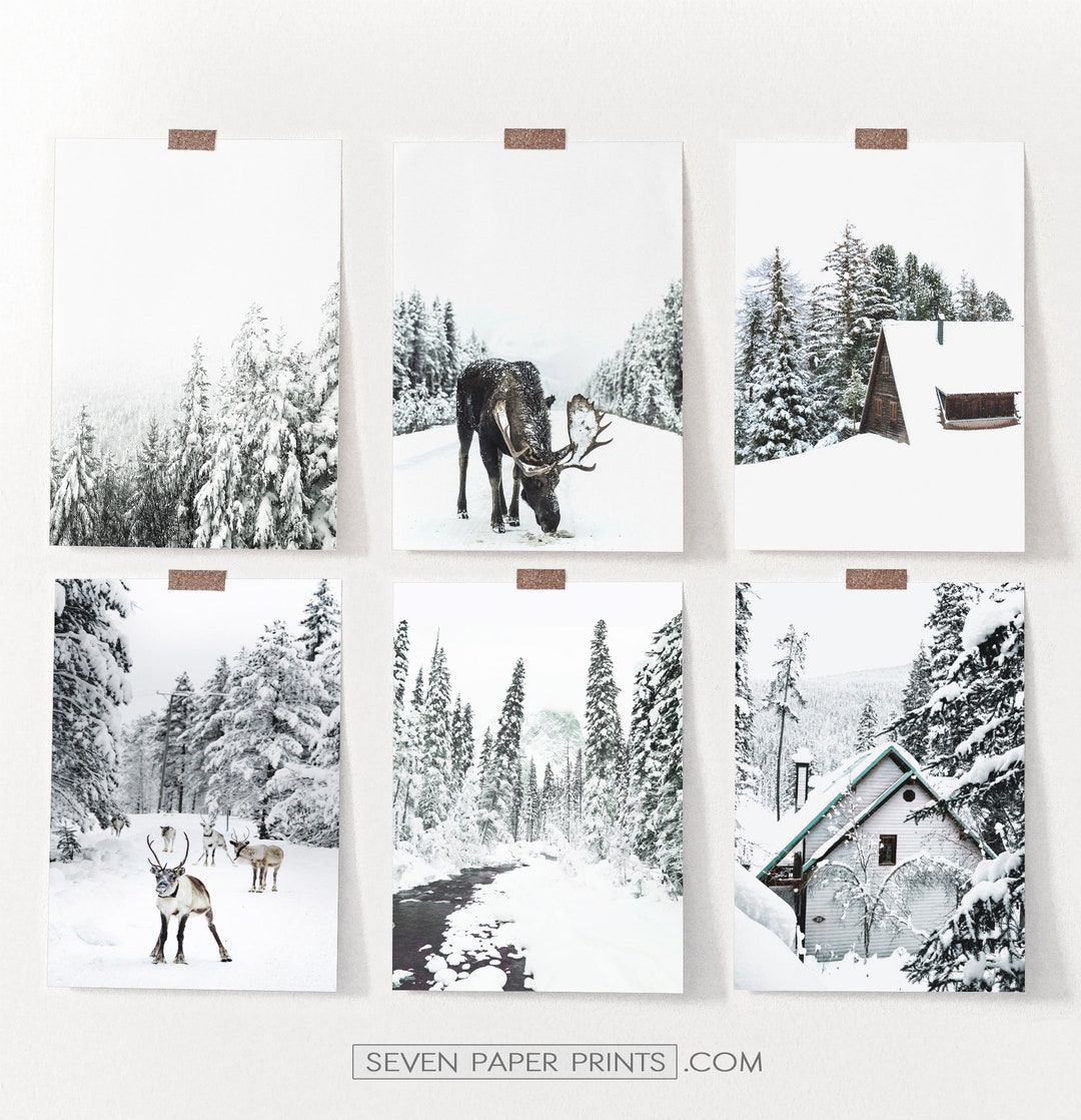 Printed and Shipped Snowy Winter Christmas Wall Art Set, Large Set of 6 Giclee Posters of