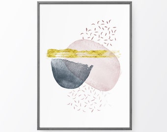 Minimalist Abstract Wall Art. Navy Blue, Pink and Golden Stroke Print. Contemporary Geometric Artwork. Abstract Stones