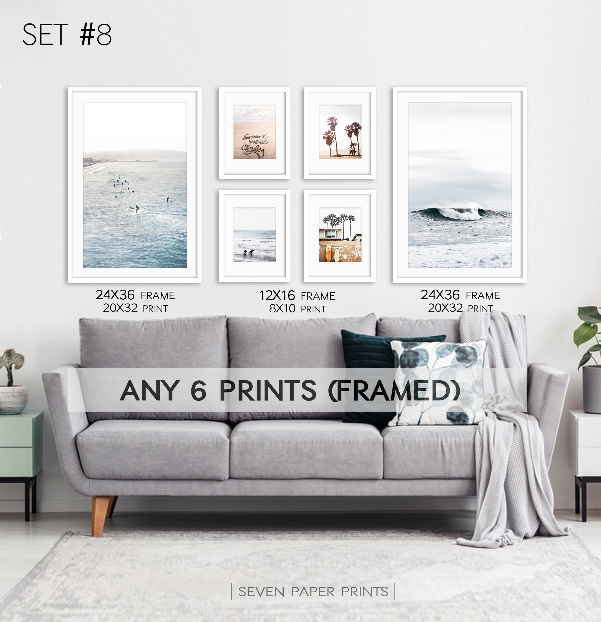 Extra Large Coastal Set of 6 White Frames Wall Art Prints Etsy