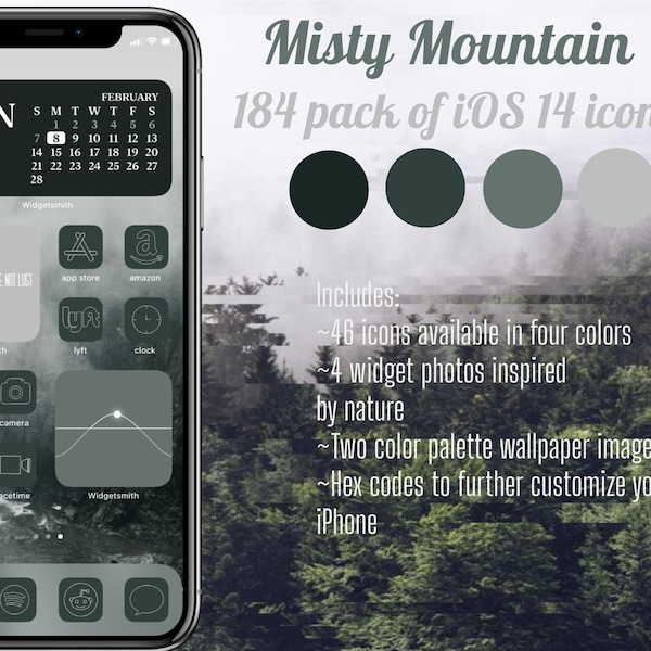 184 pack iOS 14 update 46 icons minimalist forest green blue white nature inspired aesthetic misty mountain