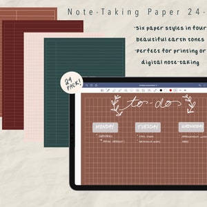 May include: A digital screen displaying a brown gridded paper with a to-do list. The list is divided into three sections: Monday, Tuesday, and Wednesday. Each section has a list of tasks to be completed. The screen is surrounded by four different coloured gridded papers, each with a different pattern. The text "24 PACK!" is visible in the top left corner of the image.