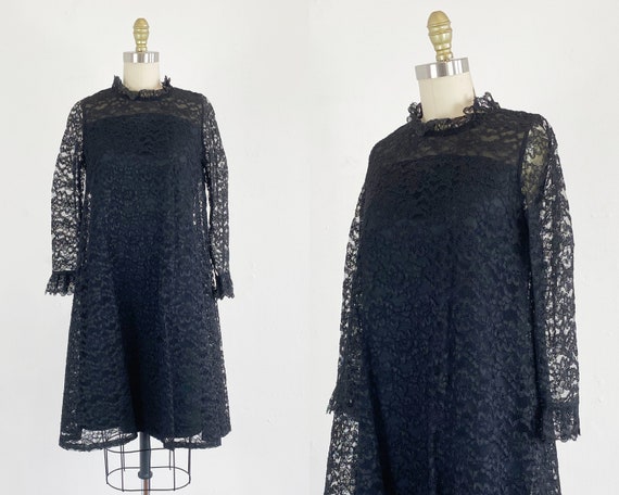 1960s Lace Dress - Black Lace Dress - 60s Floral L