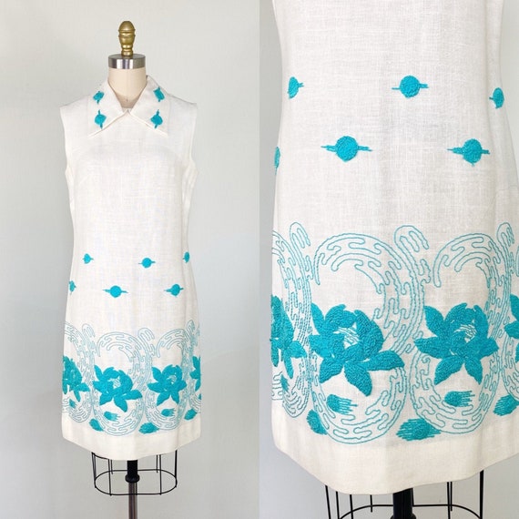 1950s Day Dress / Linen Wiggle Dress / Shift Dress
