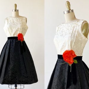 1950s Party Dress - 1950s Silk Jacquard Dress - 50s Floral Dress - Size Small