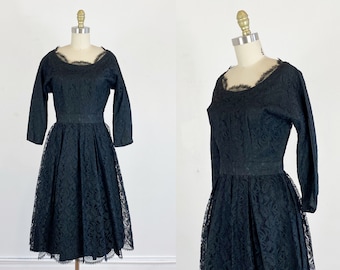 1950s black lace dress / lace dress / cocktail dress / pin up dress / size small