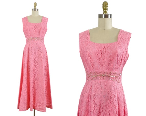 1960s Gown - 1960s Lace Gown - 1960s Pink Gown - S