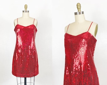 1980s Sequin Dress - Red Sequin Dress - Red Wiggle Dress - Size Large