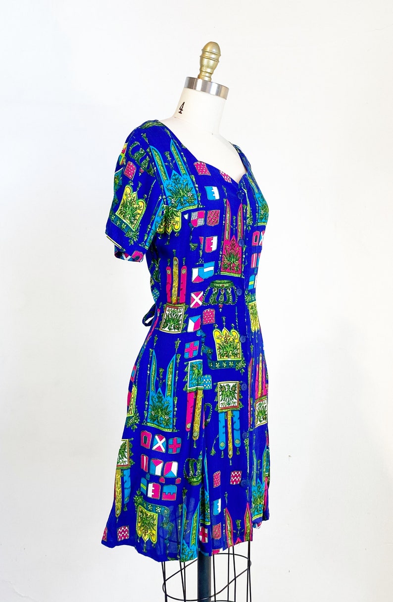 1980s day Dress Floral Dress Mini Dress Novelty Print Dress Size Medium image 7