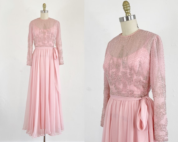1960s Jack Bryan Gown - Pink Chiffon Gown - Beaded