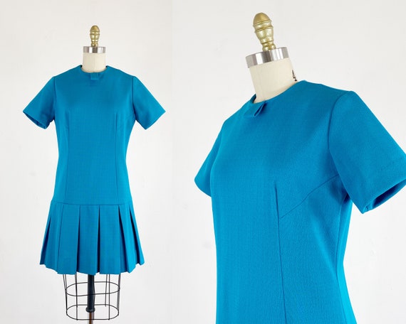 1960s Drop Waist Dress - Mod Dress - Turquoise Dr… - image 1