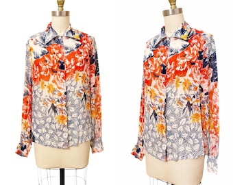 1970s Frank Oliver Blouse / Chiffon Blouse / Floral Blouse / Size Medium