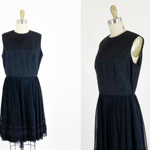 1960s party dress / black dress / pleated chiffon dress / Size Medium image 1