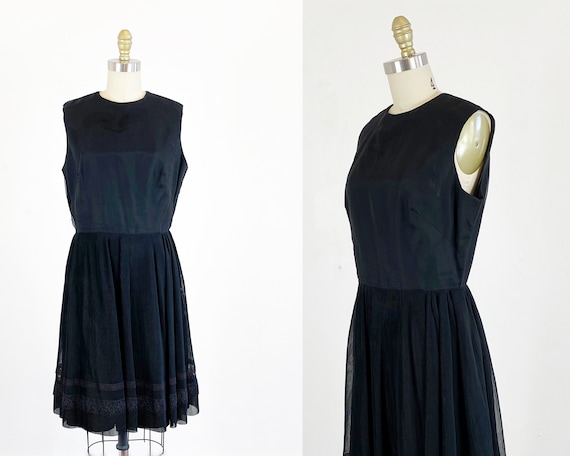 1960s party dress / black dress / pleated chiffon