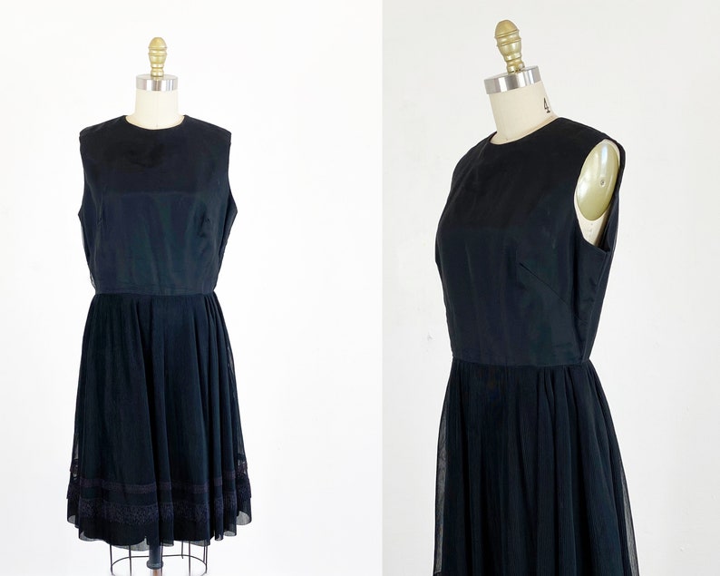 1960s party dress / black dress / pleated chiffon dress / Size Medium image 1