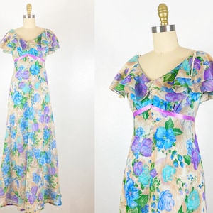 1960s Gown - 1960s Floral Gown - 1960s Chiffon Gown - Size Small