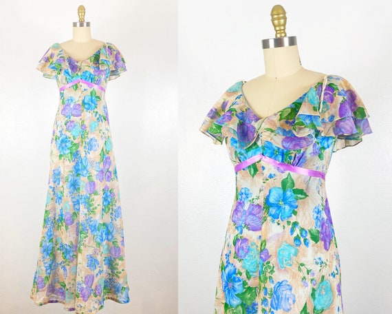 1960s Gown - 1960s Floral Gown - 1960s Chiffon Go… - image 1