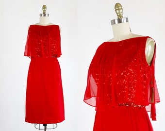 1960s Party Dress - Red Chiffon And Sequin Dress - Deadstock Dress - Size Small - Medium