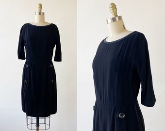 1950s Black Dress - Little Black Dress - 50s Silk Crepe Day Dress - Size Medium