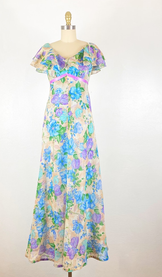 1960s Gown - 1960s Floral Gown - 1960s Chiffon Go… - image 2